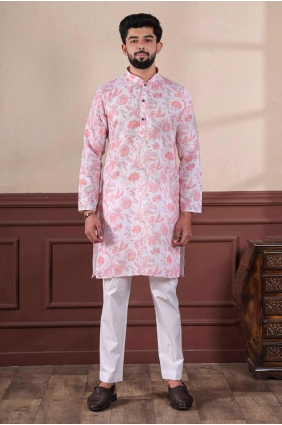 Pink Men Kurta with Digital print Linen KURR483