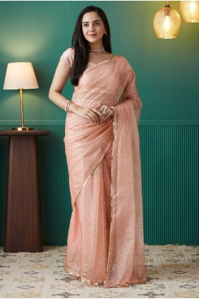 Printed Organza Peach Saree with Blouse SR28720