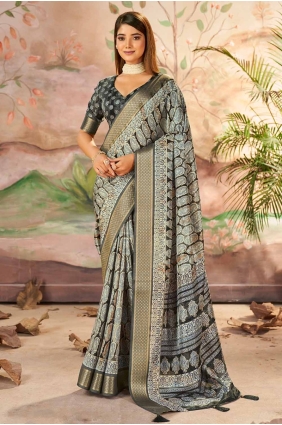 Printed Saree in Carbon grey Silk SR28433