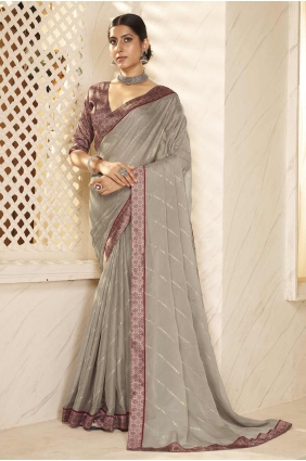 Printed Chiffon Saree in Grey with Blouse SR28416