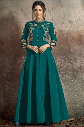Teal blue Taffeta and art silk Gown Dress GWU0055