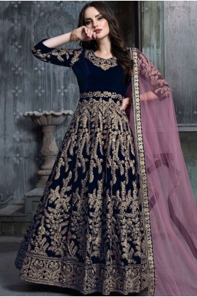 Velvet Velvet Navy Blue Anarkali Suits dupattta AS2378