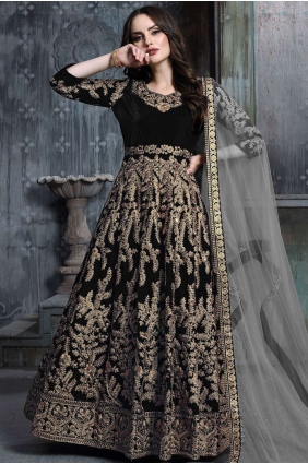 Velvet Anarkali Suits in Black Velvet AS2379