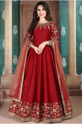 Silk Red Anarkali Suit dupattta AS2578