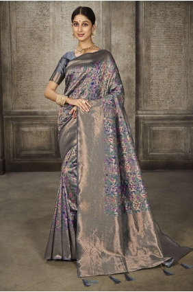 Banarasi silk Saree with Weaving in Grey SR24662