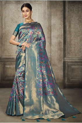Weaving Saree in Turquoise Banarasi silk SR24664