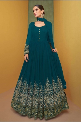 Embroidered Georgette Anarkali Suit in Aqua blue AS3643