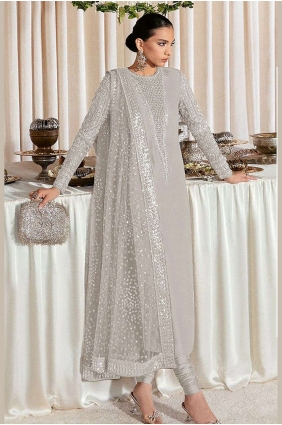 Embroidered Georgette Anarkali Suit in Beige with Dupatta AS3644