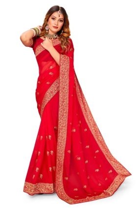 Party Wear Saree in Red Georgette with Thread,embroidered,lace border SR24789