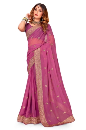 Thread,embroidered,lace border Georgette Party Wear Saree in Dusty gajari with Blouse SR24790