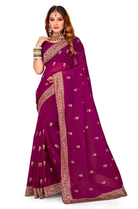 Wine Thread,embroidered,lace border Georgette Party Wear Saree SR24792