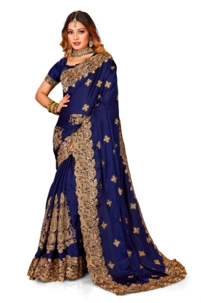 Navy Zari,embroidered,lace border Wedding Saree in Satin SR24825