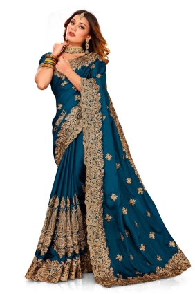 Zari,embroidered,lace border Satin Morpeach Wedding Saree with Blouse SR24829