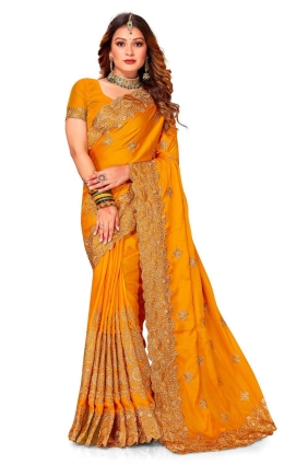 Wedding Saree in Mustrd Satin with Zari,embroidered,lace border SR24830