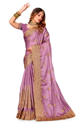 Zari,embroidered,lace border Wedding Saree in Dusty gajari Satin SR24831