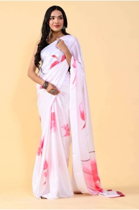 Silk Pink,white Saree in Digital print SR24858