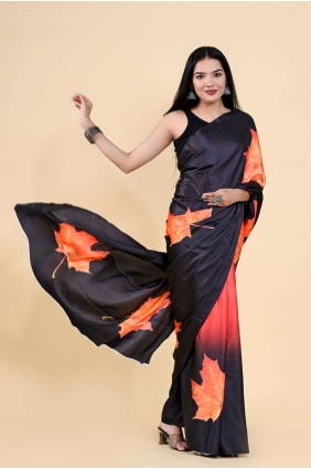 Saree in Orange,black Silk with Digital print SR24865