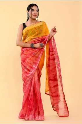Saree in Orange,pink Cotton with Patch,thread,embroidered SR24895