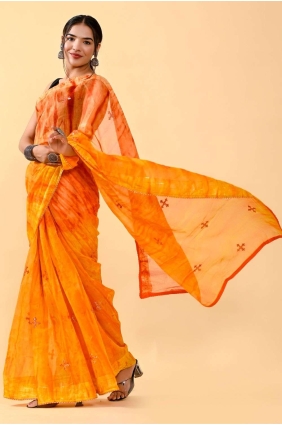 Patch,thread,embroidered Cotton Mustard orange Saree with Blouse SR24897
