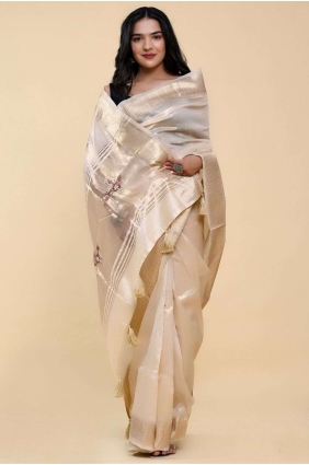 Cotton Cream Saree in Hand,thread SR24903