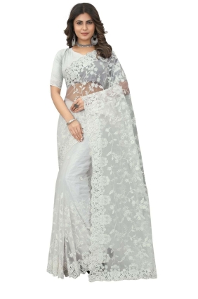 Net White Wedding Saree in Embroidered SR25020