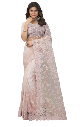 Net Dusty peach Wedding Saree in Embroidered SR25021