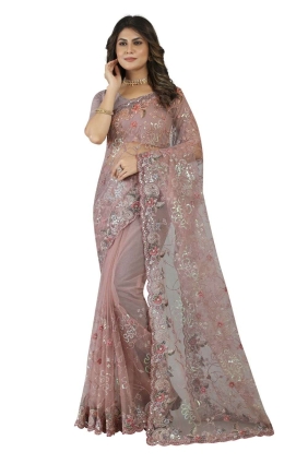 Embroidered Dusty lavender Wedding Saree in Net SR25036