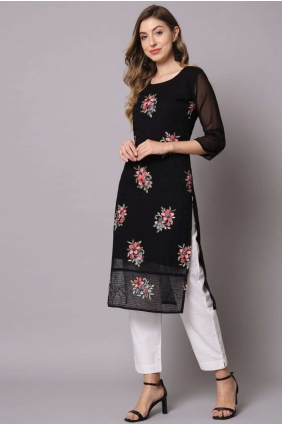 Black Straight Kurti in Georgette with Embroidered KTI2098