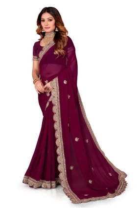 Wine Saree in Embroidered Georgette SR25218