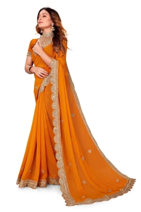 Georgette Embroidered Saree in Mustard SR25219