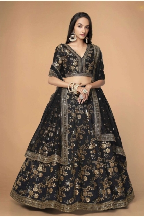 Embroidered Wedding Lehenga Choli in Black Silk LC7176