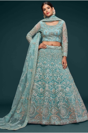 Soft net Embroidered Ocean aqua Wedding Lehenga Choli with Dupatta LC7180