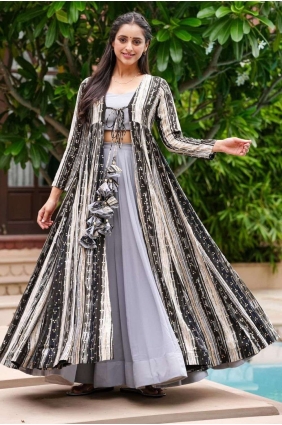 Georgette Indowestern with Digital print in Light gray PZ3712