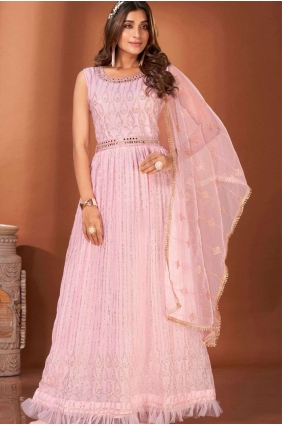 Georgette Mirror Pink Gown Dress with Dupatta GW0645