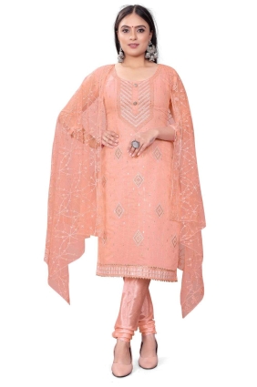 Embroidered Chanderi Peach Salwar Kameez SK153653