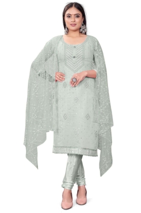 Grey Embroidered Salwar Kameez in Chanderi SK153655