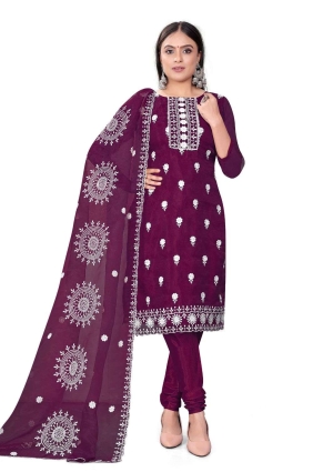 Wine Embroidered Chanderi Salwar Kameez SK153663