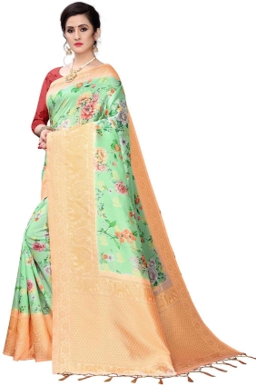 Saree Silk in Green with Digital print SR25590