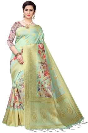Ocean green Saree with Digital print Silk SR25593