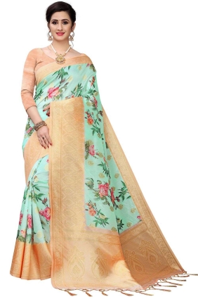 Silk Digital print Mint green Saree with Blouse SR25599