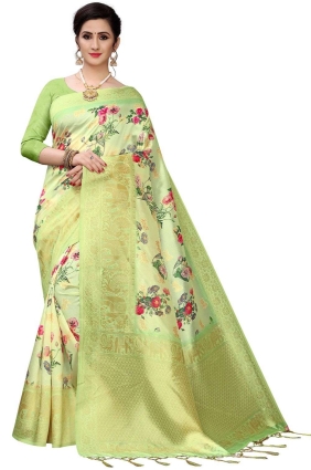 Digital print Silk Saree in Lemon green with Blouse SR25600