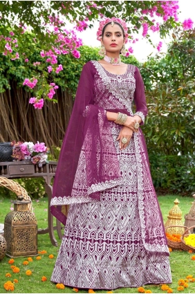 Wine Wedding Lehenga Choli in Net with Embroidered LC7313