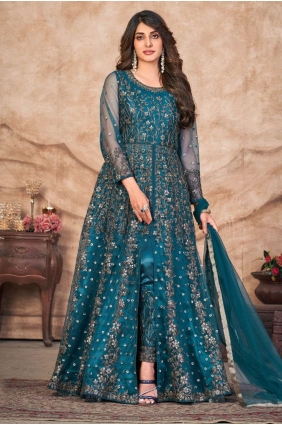Net Anarkali Suit in Teal with Embroidered AS3754