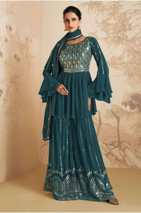 Sharara Suit in Aqua blue Chinon chiffon with Embroidered SS1083