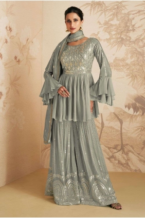 Embroidered Chinon chiffon Sharara Suit in Grey SS1085