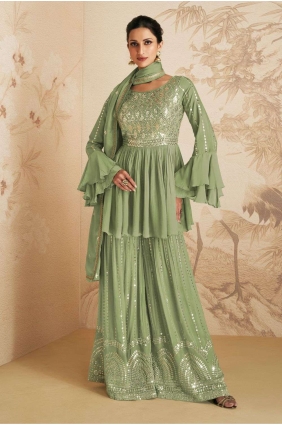 Pista green Sharara Suit in Chinon chiffon with Embroidered SS1088