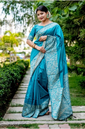 Firozi Saree in Raw silk with Weaving SR25674