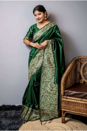 Saree with Green Weaving Raw silk SR25676