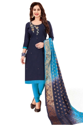 Navy blue Silk Embroidered Salwar Kameez with Dupatta SK153761