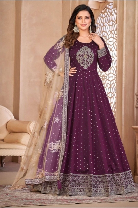 Embroidered Taffeta Anarkali Suit in Wine with Dupatta AS3763